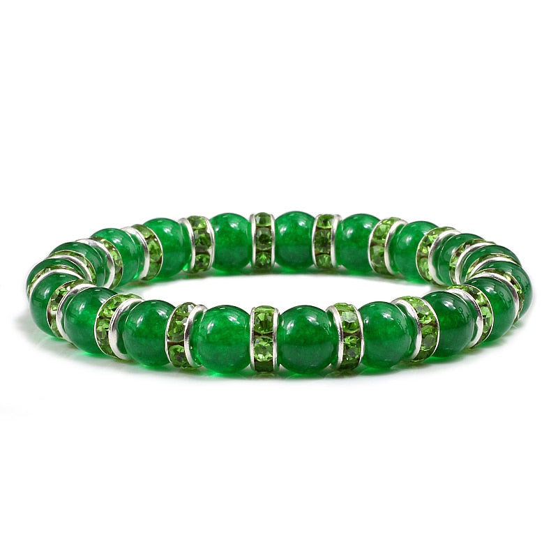 Vintage Stretch 8mm Beads Bracelet Natural Stone Green Chalcedony Rhinestone Bracelets