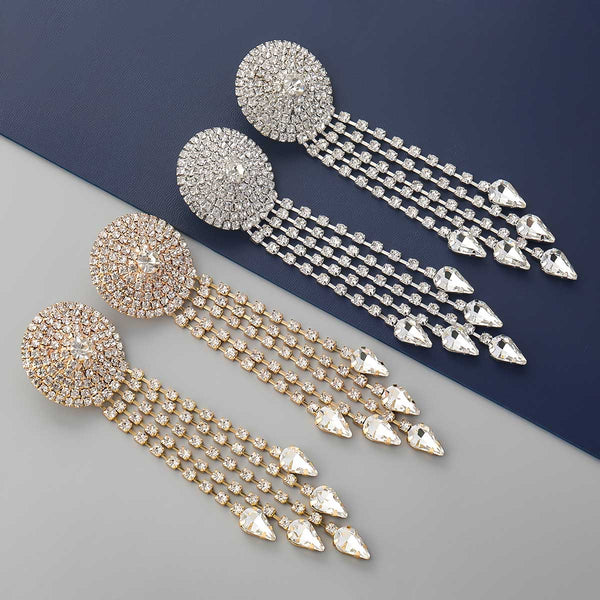 Fashion Metal Round Convex Long Fringe Rhinestone Earrings Women