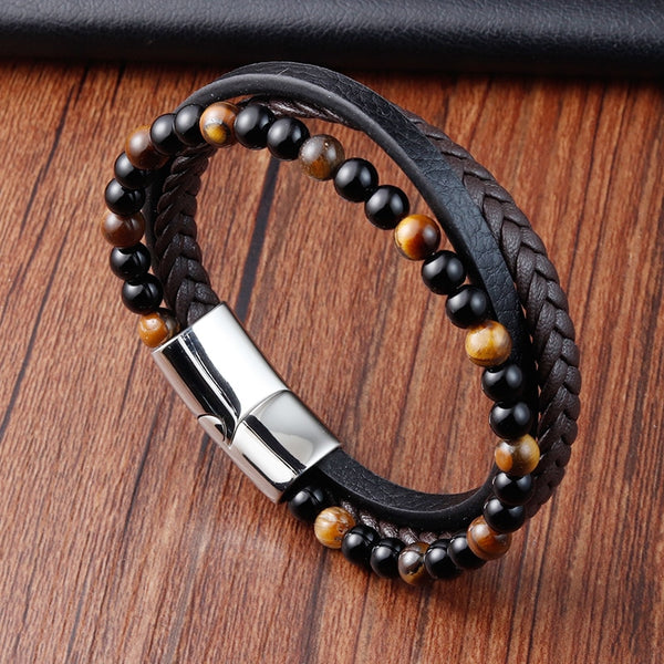 Charm Rope Stainless Steel Magnetic Natural Stone Leather Man Bracelet