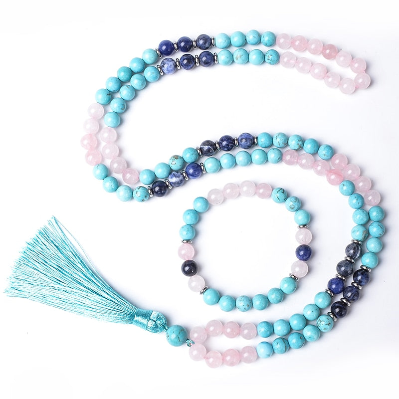 8mm Blue Turquoise Rose Quartz Blue Sodalite Beaded Mala Necklace