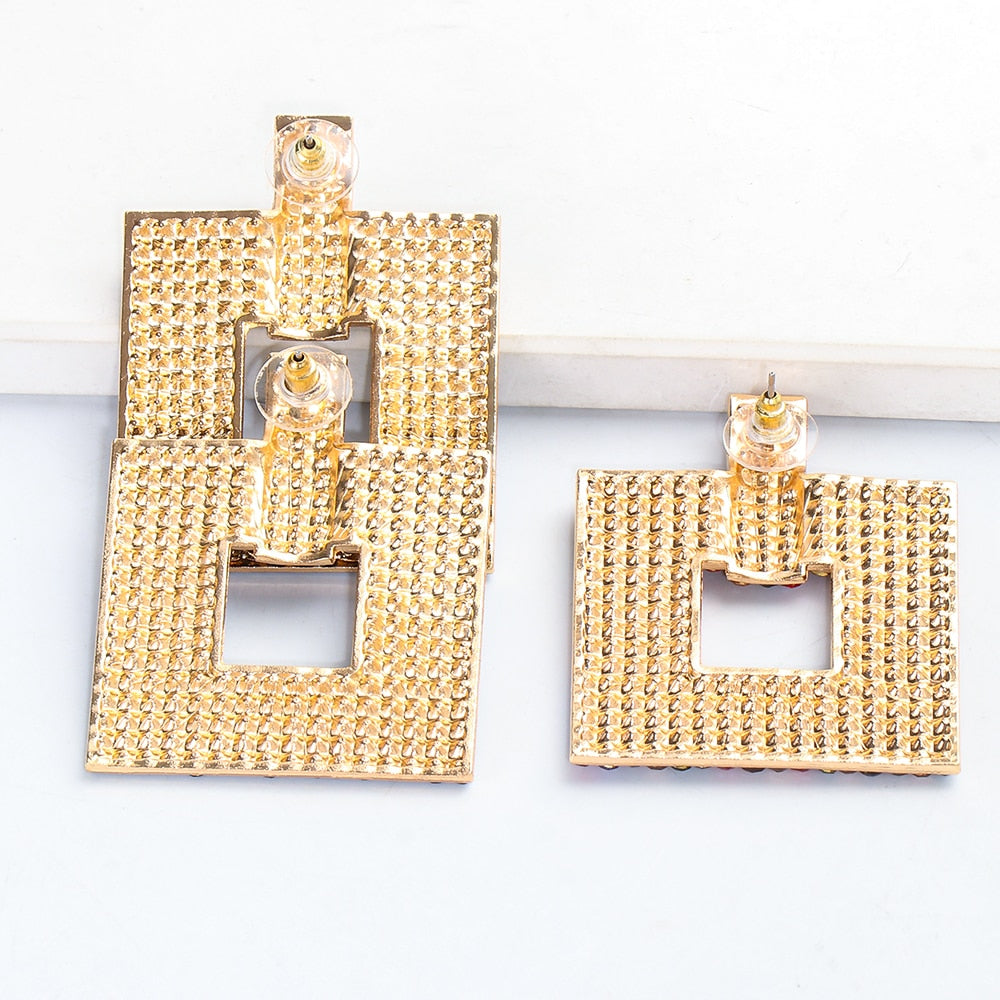 Square Geometric Crystal Earrings Statement Rhinestone Shiny  Luxury Drop Earing