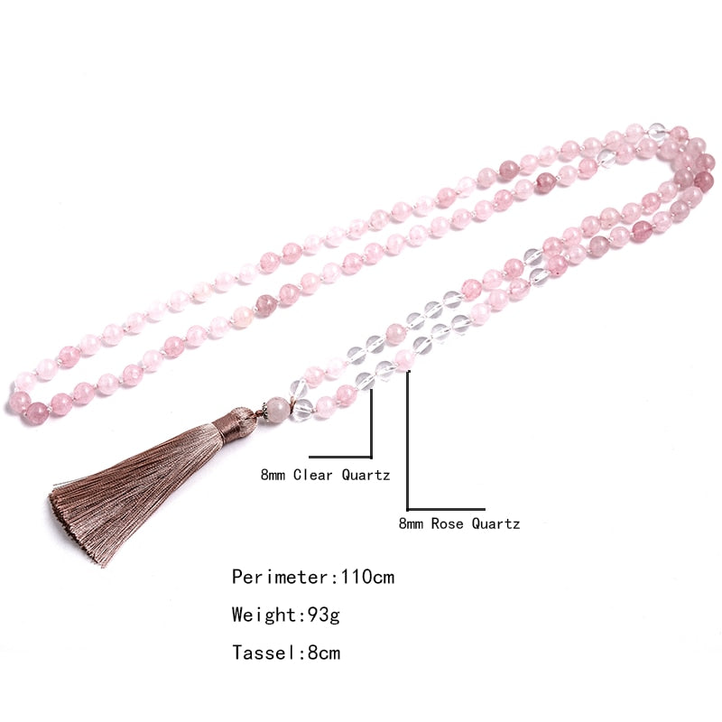 8mm Rose Quartz and Clear Crystal Beads Knotted Mala Necklace