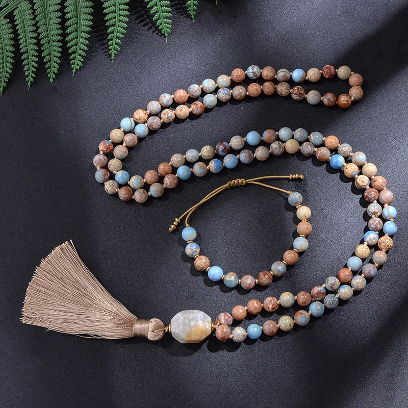 8mm Emperor Jasper Beaded Knotted Japamala Necklace Meditation Yoga Blessing Jewelry Set