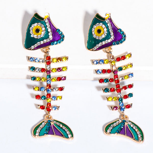 New Colorful Crystal Drop Dangle Fish Earring Statement Rhinestone Handmade Animal Earrings