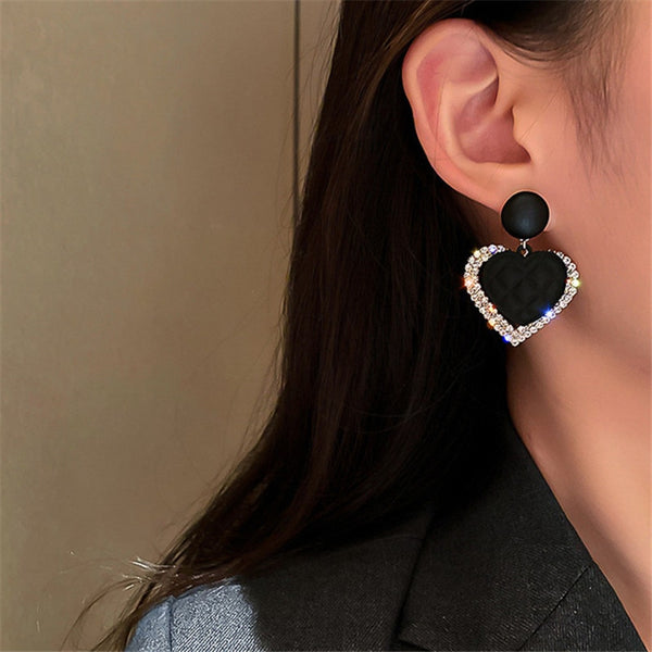 Black Acrylic Heart Dangle Earrings for Women Rhinestone Earrings