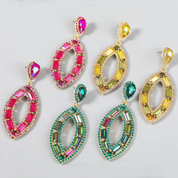 Fashion Metal Willow Leaf Rhinestone Glass Geometric Earrings Women