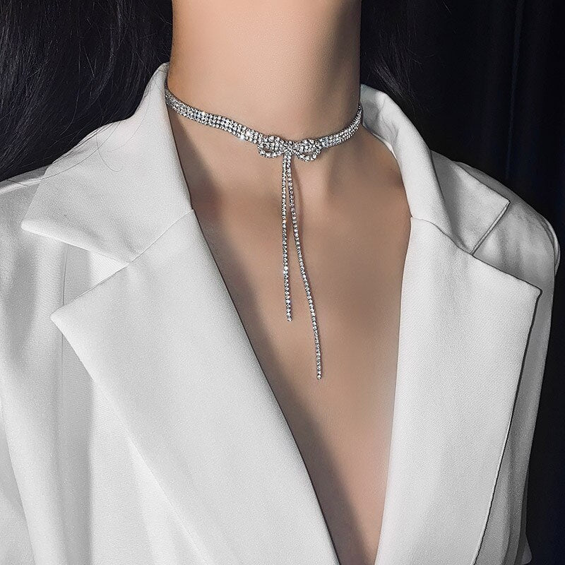 Bowknot Crystal Choker Necklaces for Women  Long Tassel Rhinestone Necklaces