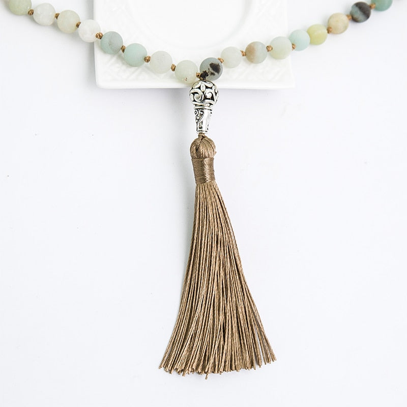 8mm Matte Amazonite Stone Beaded Knotted Necklace 108 Japa Mala Meditation Yoga Tibetan Pendent