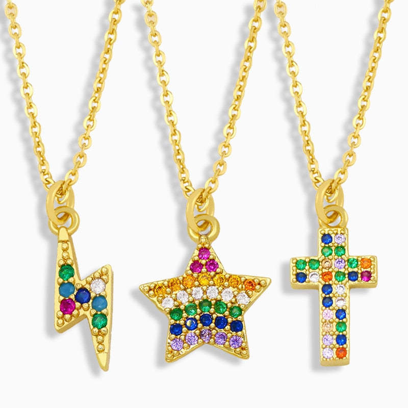 Multicolor Cross Necklace For Women CZ Pave Rhinestone Small Lightning Star Pendant Necklace