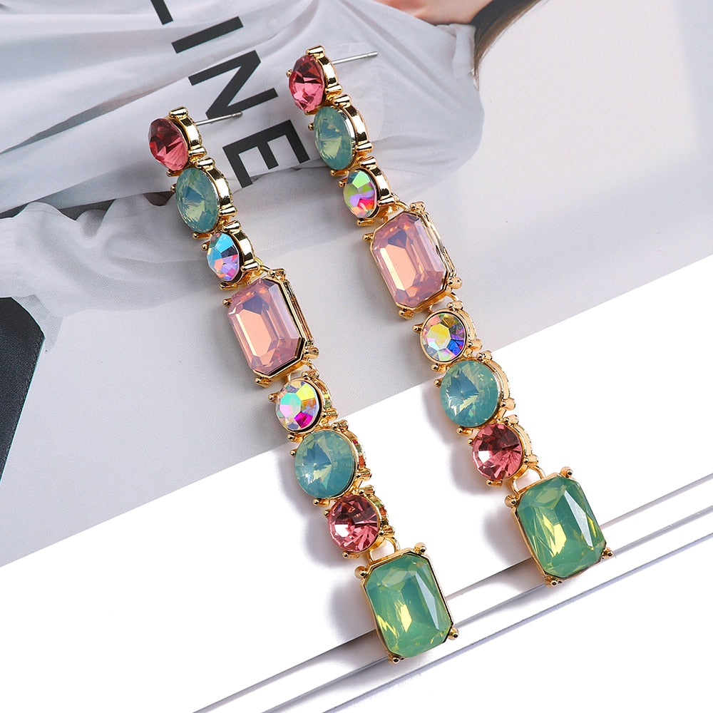 Colorful Geometric Crystal Glass Long Dangle Earrings For Women