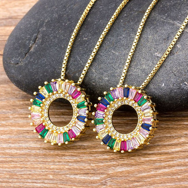 New Arrival Fashion Rainbow Luxury Copper CZ Crystal Round Pendant Necklace