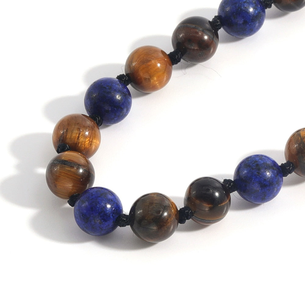 Lapis Lazuli Yellow Tiger Eye 108Mala Beaded Knotted Long Necklace