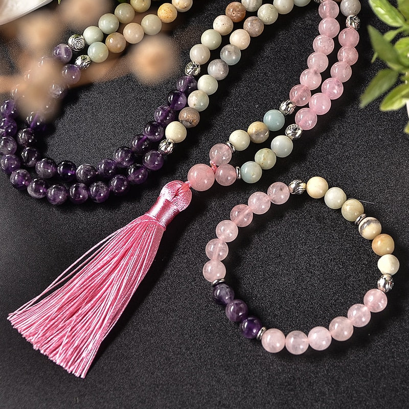 8mm Natural Amethyst Rose Quartz Amazonite Beaded Necklace