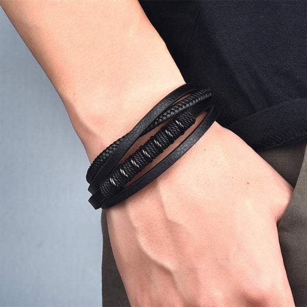 New Winding Stainless Steel Men&#39;s Genuine Leather Bracelet