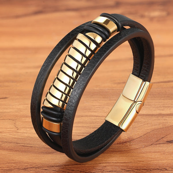 Luxury Fashion Geometric Design Multi-layer Men Leather Stainless Steel Bracelet