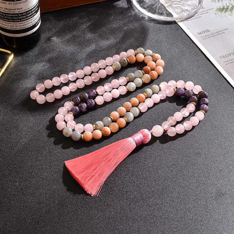 8mm Amethyst Sun Stone Rose Quartz Beaded Necklace Set Meditation Yoga Jewelry 108 Japa Mala Women Charm Tassel Rosary