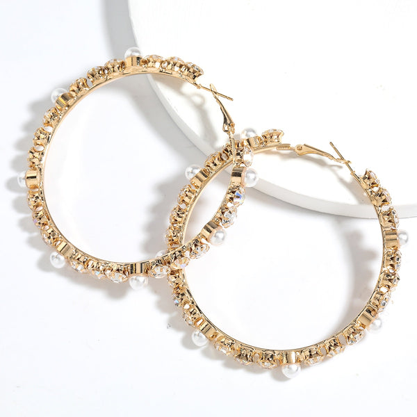 Fashion exaggerated metal rhinestone hoop earrings women