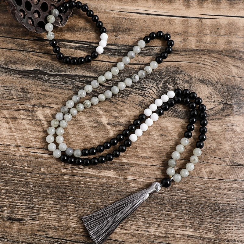 8mm Natural Labradorite Black Onyx Porcelain White Stone Mala Necklace