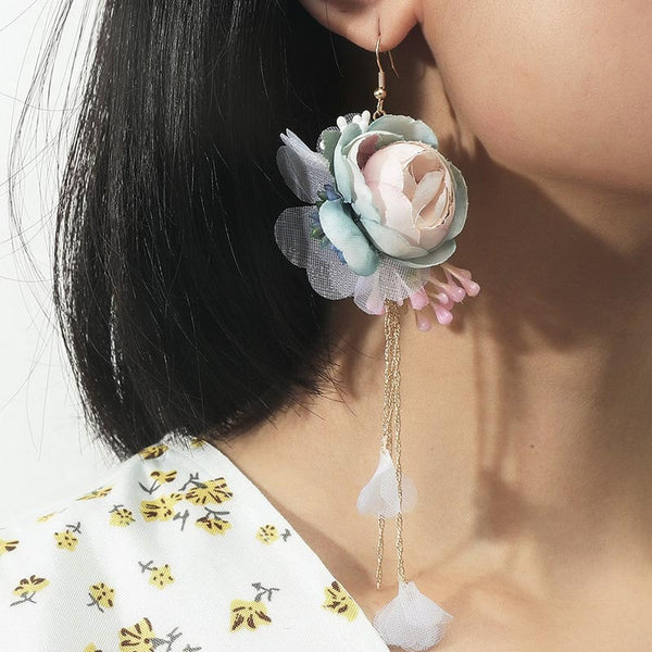 Korean Style Simple Long Fabric Flower Earrings Female Summer Statement Drop Earring