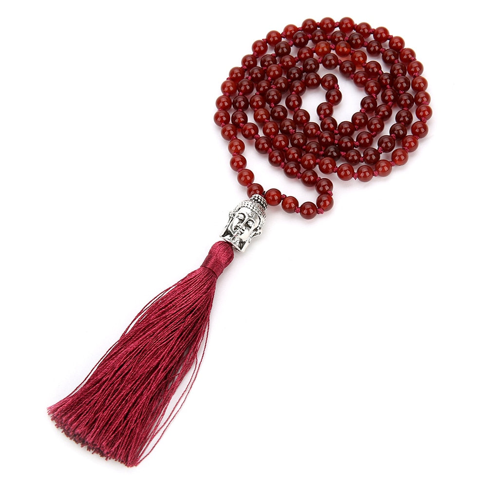 8mm Natural Carnelian Beaded Knotted Necklace