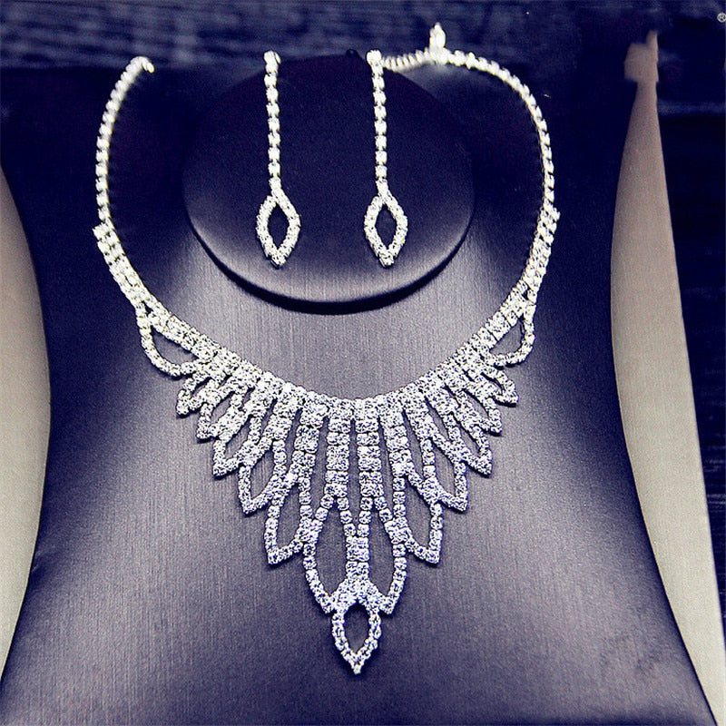 Shine Geometric Rhinestone Necklace Earrings For Women Long Tassel Jewelry Sets