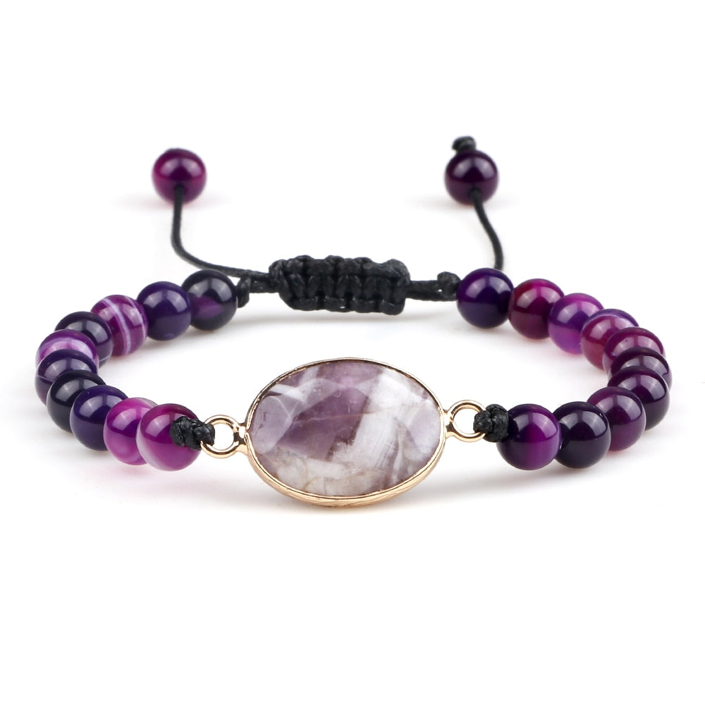 Natural Purple Stripe Onyx Stone Adjustable Beads Bracelets Braided String Bangle