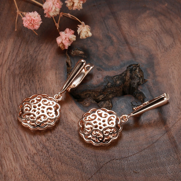 New Vintage Hollow Geometric Pendant Earrings 585 Rose Gold for Women