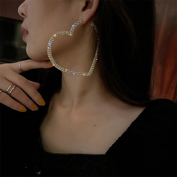 Fashion Big Heart Crystal Hoop Earrings for Women Bijoux Geometric Rhinestones Earrings