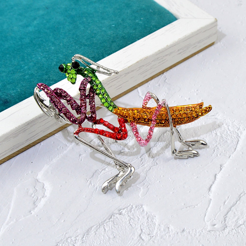 Rhinestone Colorful Praying Mantis Brooch