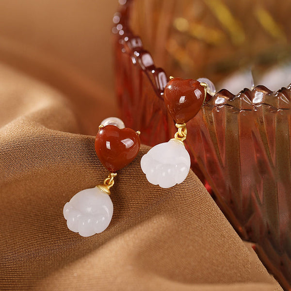 Original design natural Hetian magnolia flower southern red tourmaline love earrings