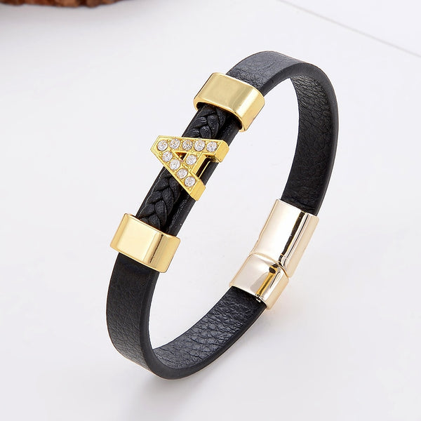 New Hot A-Z Initial Zinc Alloy Pave Setting Zircon Letter Charm Bracelets Leather