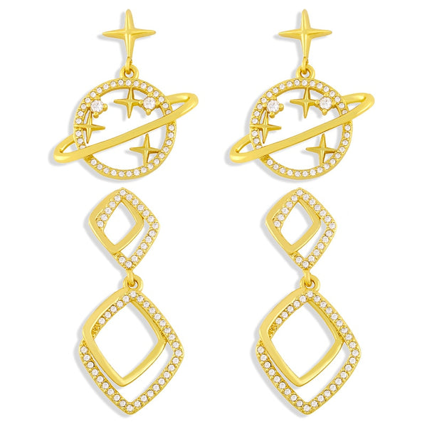 Rhinestone Star Planet Earrings For Women Double Rhombus Drop Earrings