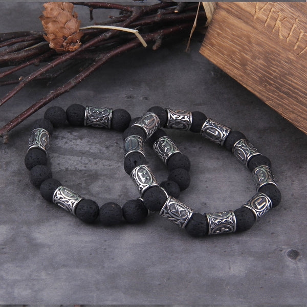 Volcano Lava Stone Beads stainless steel Runes Beads Men Bracele