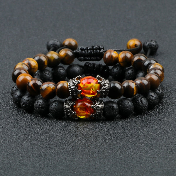 2pcs Charm Crown Tiger Eye Beads Bracelets Men Black Lava Stone Bangles