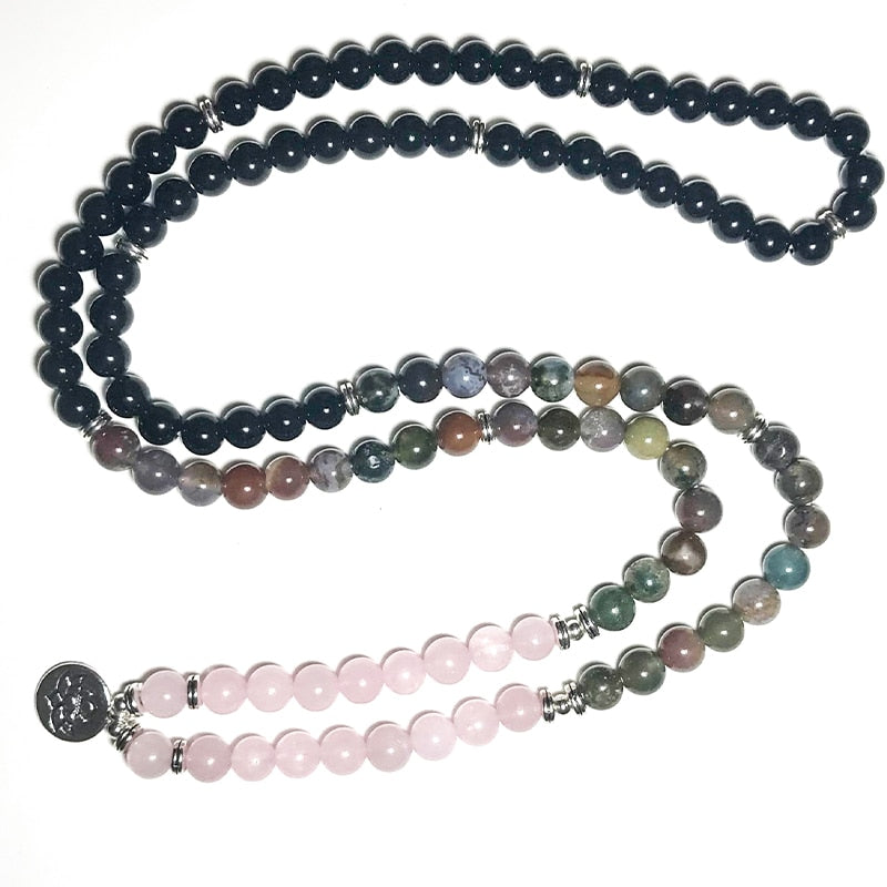 108 Mala Beaded Natural Stone Bracelet 8mm Black Onyx Rose Quartz Beaded