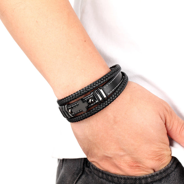 Stone Cross Style Multilayer Design Stainless Steel Fashion Men Leather Bracelet