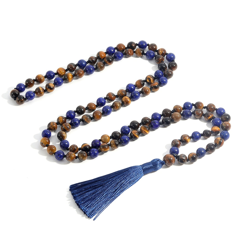 Lapis Lazuli Yellow Tiger Eye 108Mala Beaded Knotted Long Necklace