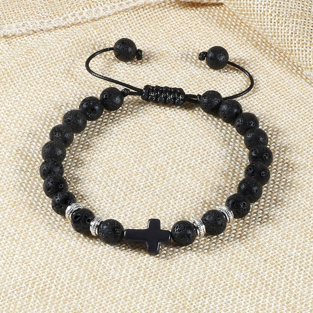 Hot Men Energy Bracelets Natural Tiger Eye Stone Black Lava Cross Beads Bracelet