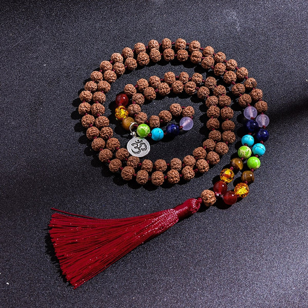 108 Original Rudraksha Beaded Knotted 7 Chakras Mala Necklace