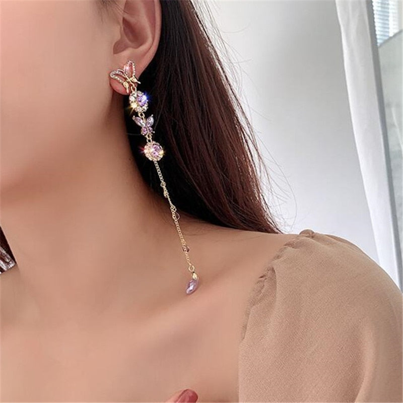 Long Tassel Beautiful Butterfly Drop Earrings for Women Purple Crystal Earrings