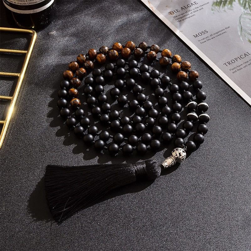 108 Beads Japa Mala 8mm Yellow Tiger Eye Matte Black Onyx Knotted Necklace