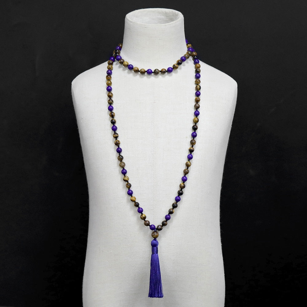 Lapis Lazuli Yellow Tiger Eye 108Mala Beaded Knotted Long Necklace