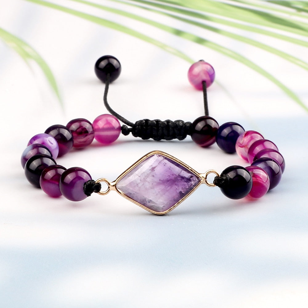 Natural Purple Stripe Onyx Stone Adjustable Beads Bracelets Braided String Bangle