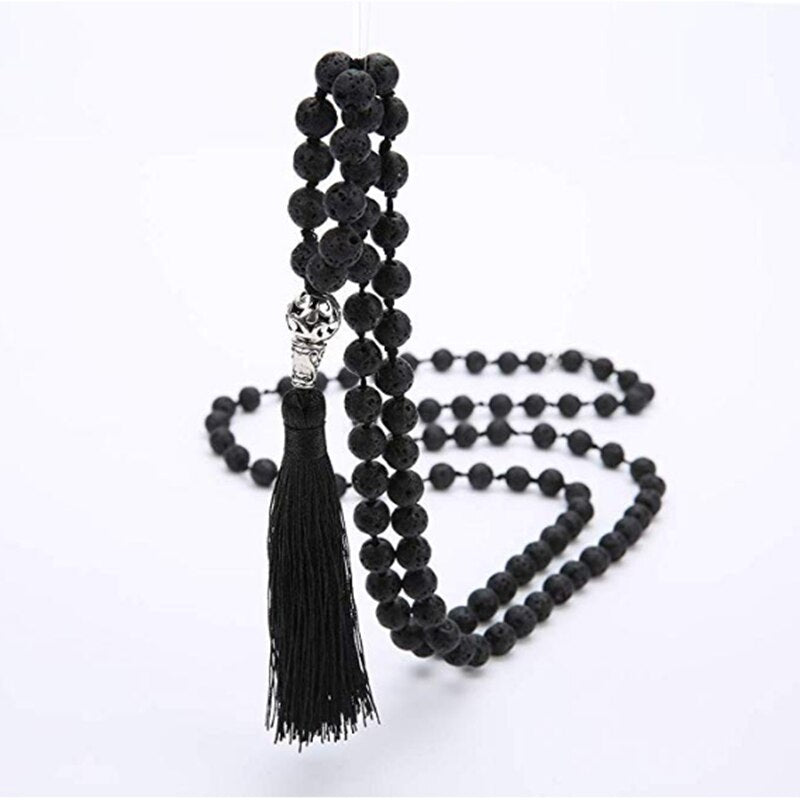 8mm Black Lava Stone Beaded Knotted 108 Mala Necklace