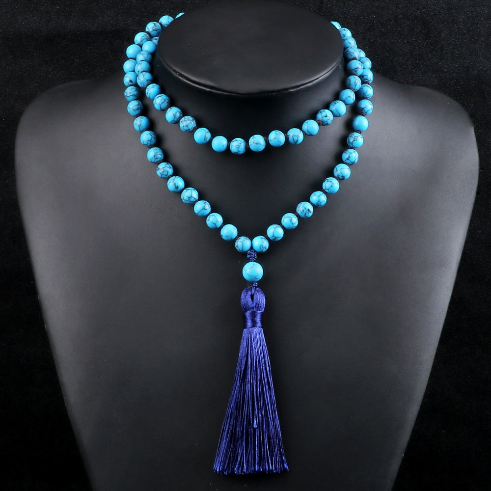 108 Mala Beads Necklace Women Natural Blue Pine Stone Beaded Knotted Tassel Pendant Long Necklace