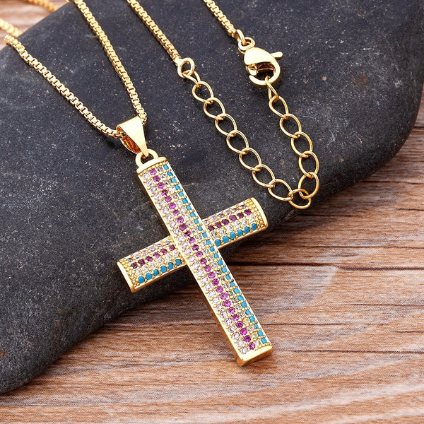 New Design Female Crystal Copper Zircon Classic Cross Style Pendant Colorful Choker Chain Necklace