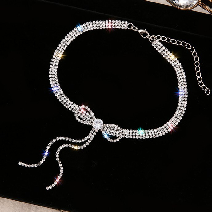 Bowknot Crystal Choker Necklaces for Women  Long Tassel Rhinestone Necklaces