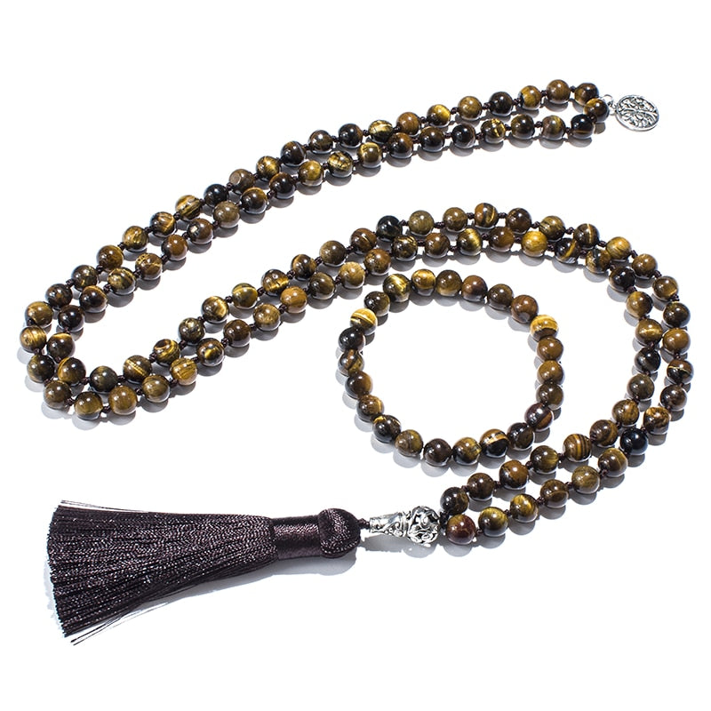 8mm Natural Yellow Tiger Eye Japamala Necklace Meditation Yoga Jewelry Set