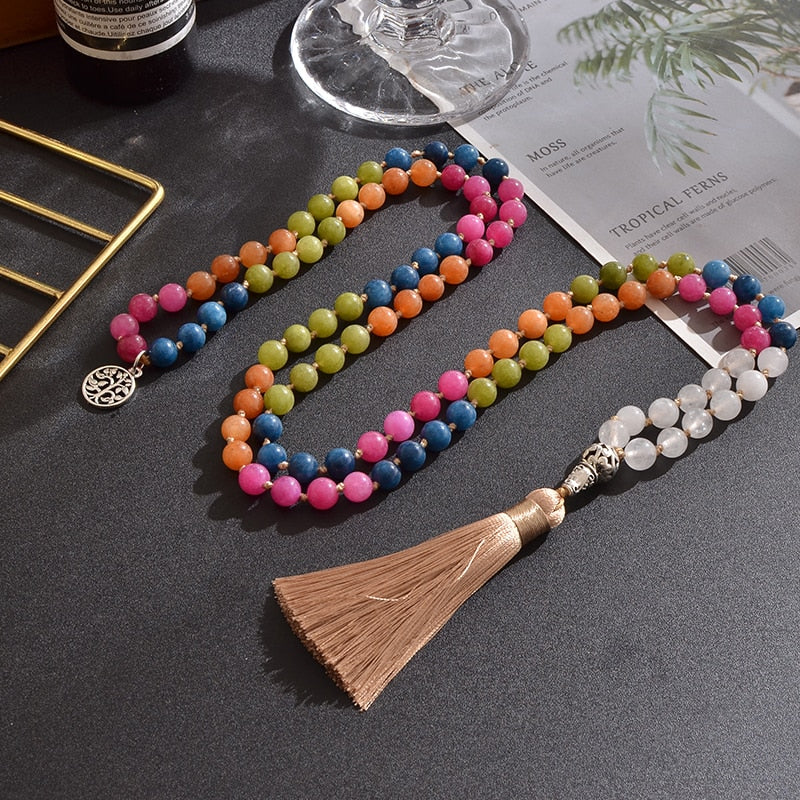 8mm Color Tourmaline White Jade Knotted Beads 108 Mala Necklace