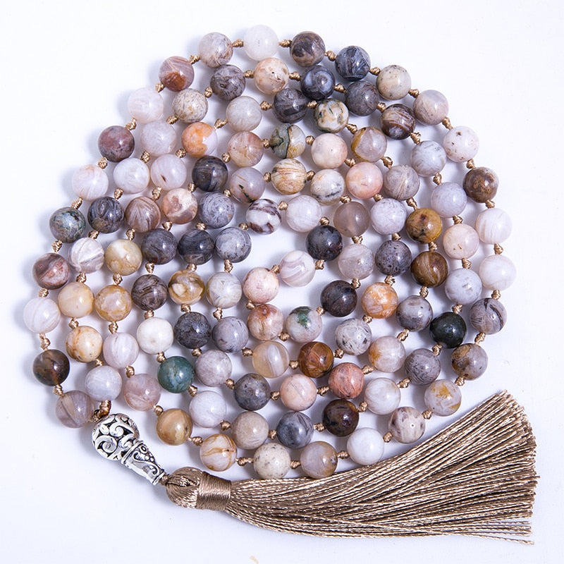 8mm Bamboo Leaf Agate Beaded Knotted Necklace Meditation Yoga Blessing Jewelry